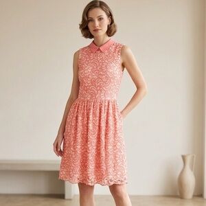Betsey Johnson Coral Lace Sleeveless Fit & Flare Dress with Point Collar
